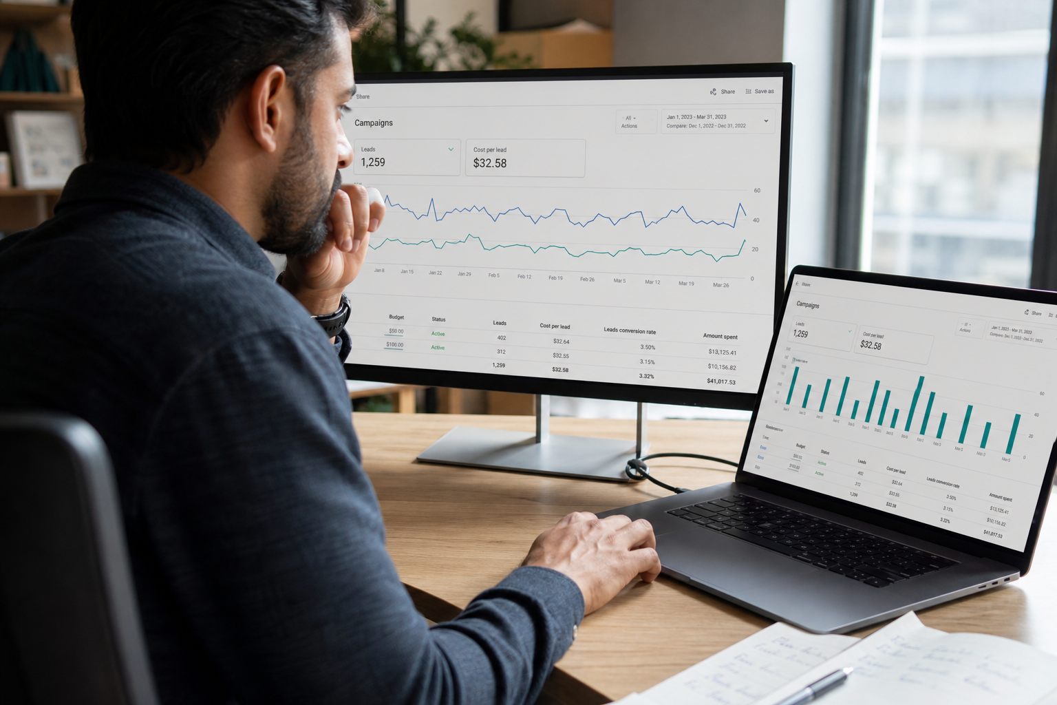 Campaign manager reviewing ad performance dashboards