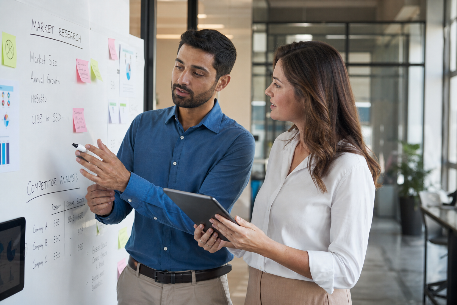 Strategist planning a social media ad campaign on a whiteboard