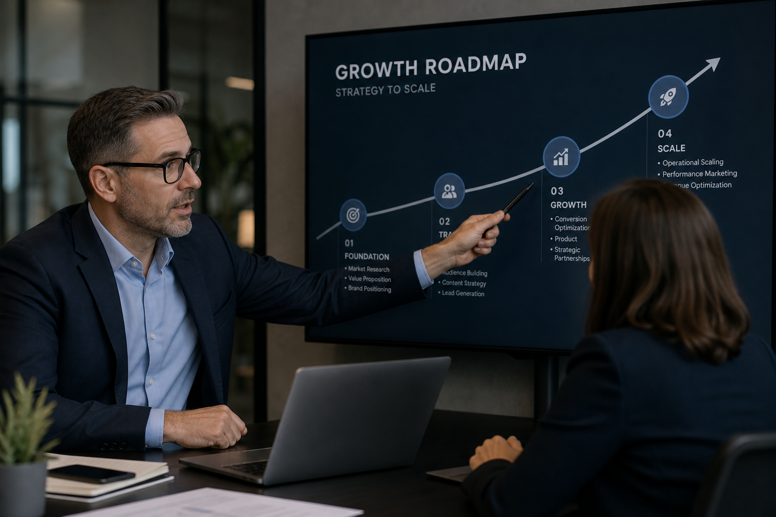 Marketing strategist guiding a client through a growth plan