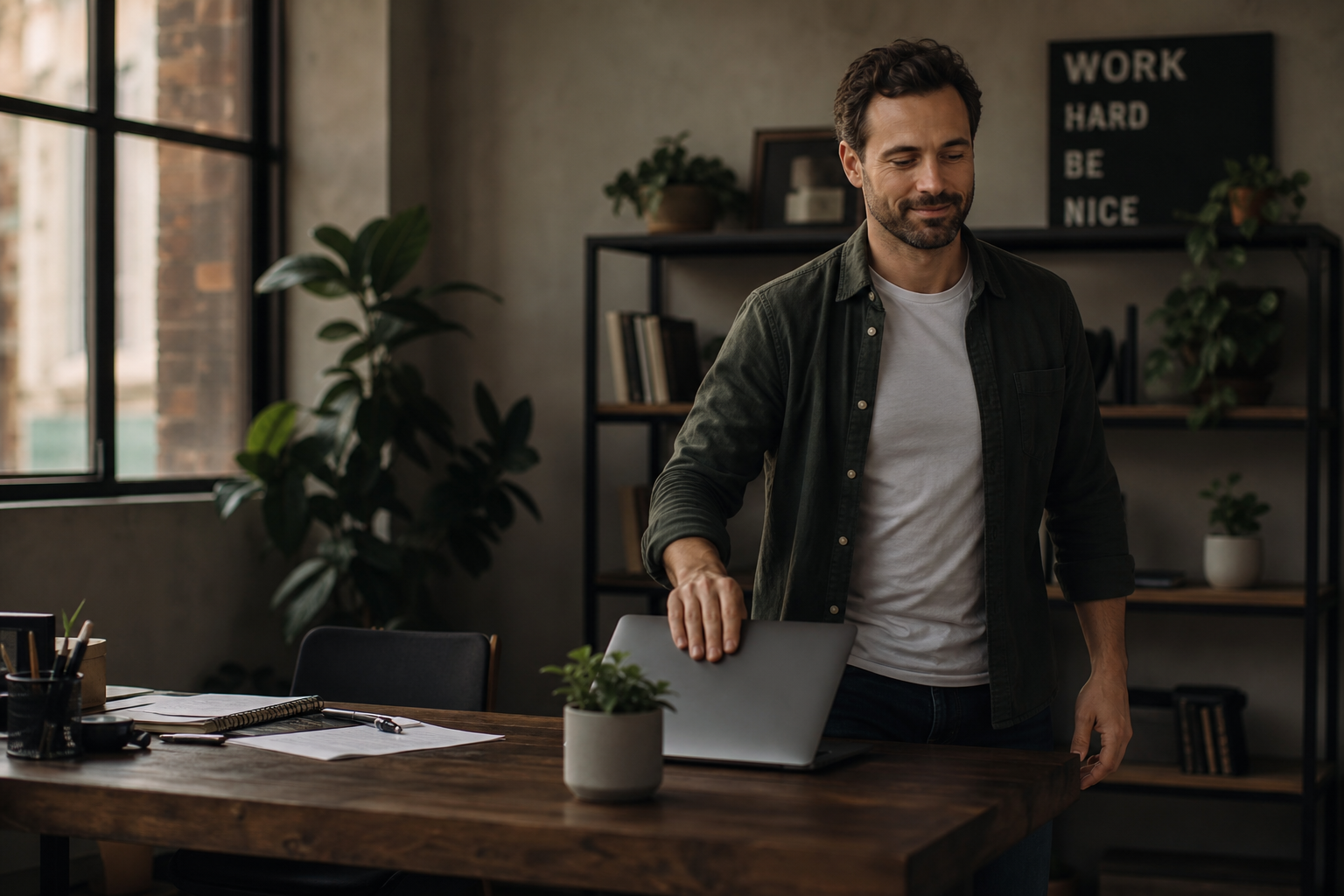 Relaxed business owner stepping away from their desk