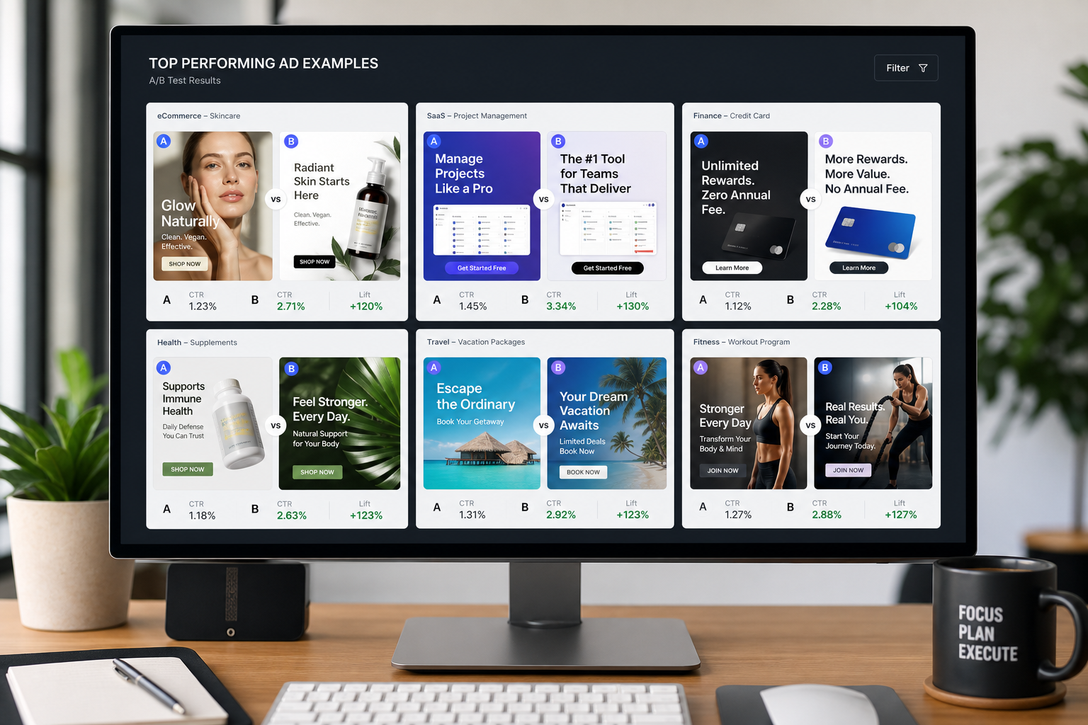 High-converting social media ad examples on a monitor