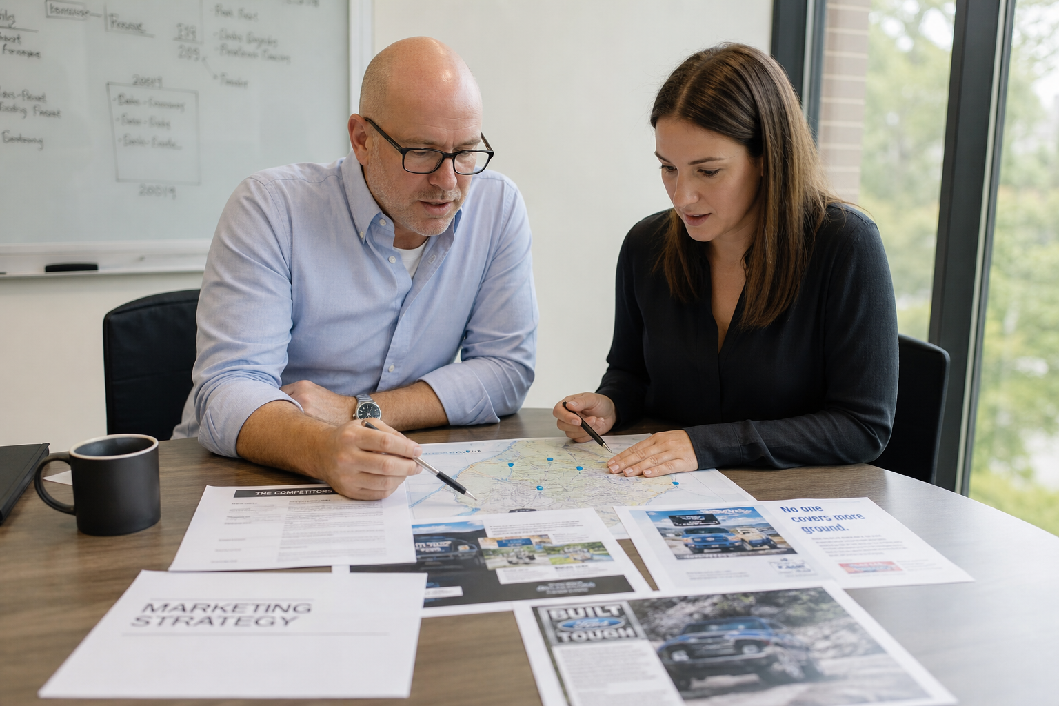 Team reviewing competitor ads and market strategy