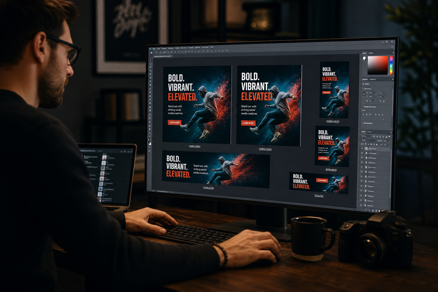 Creative professional designing social media ad graphics