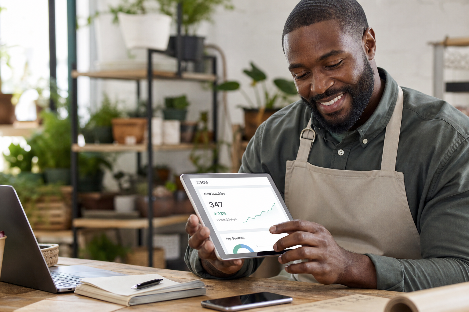 Local business owner reviewing positive lead results