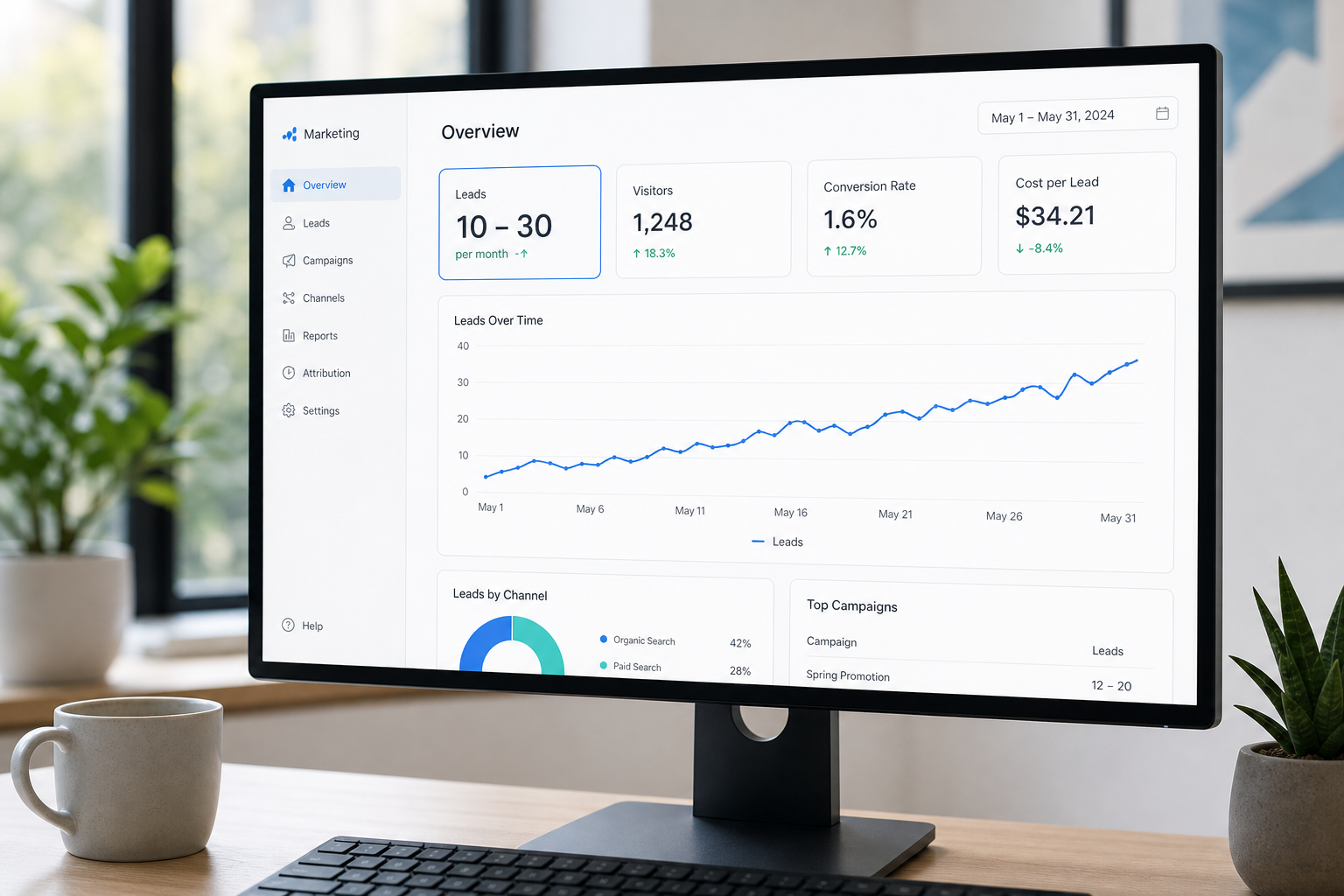 Marketing dashboard showing leads per month with upward trend